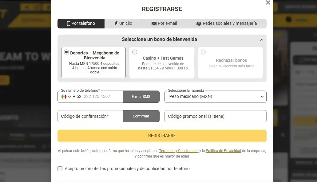 Opciones de registro MelBet